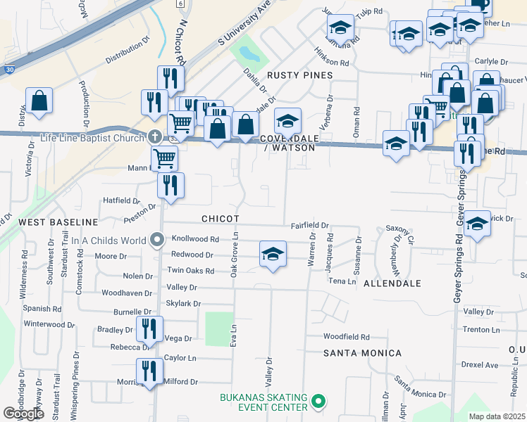 map of restaurants, bars, coffee shops, grocery stores, and more near 7008 Eddy Lane in Little Rock