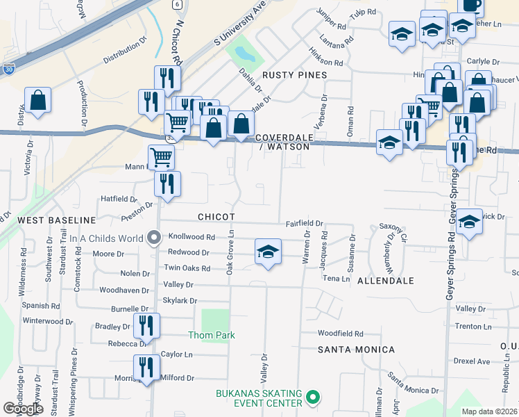 map of restaurants, bars, coffee shops, grocery stores, and more near 7008 Eddy Lane in Little Rock