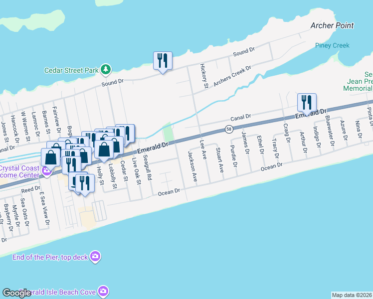 map of restaurants, bars, coffee shops, grocery stores, and more near 127 Jackson Avenue in Emerald Isle