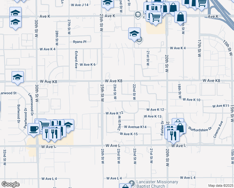 map of restaurants, bars, coffee shops, grocery stores, and more near 43114 23rd Street West in Lancaster