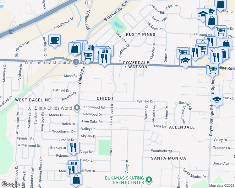 map of restaurants, bars, coffee shops, grocery stores, and more near 2 Conifer Place in Little Rock