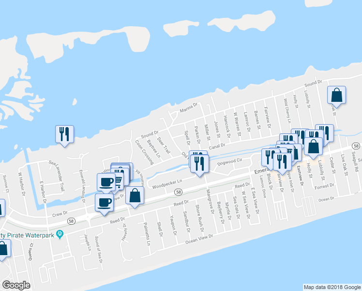 map of restaurants, bars, coffee shops, grocery stores, and more near 304 Old Ferry Road in Emerald Isle