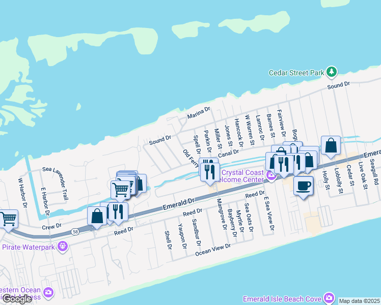 map of restaurants, bars, coffee shops, grocery stores, and more near 304 Old Ferry Road in Emerald Isle