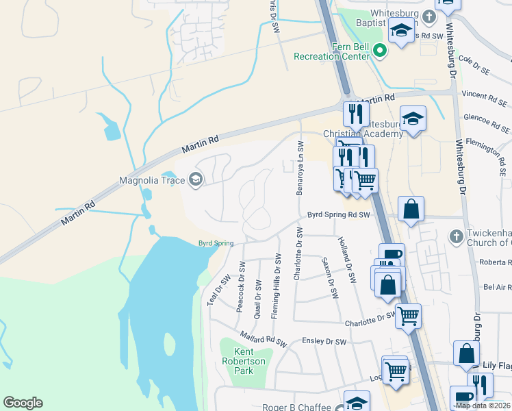 map of restaurants, bars, coffee shops, grocery stores, and more near 2022 Woodlawn Drive Southwest in Huntsville