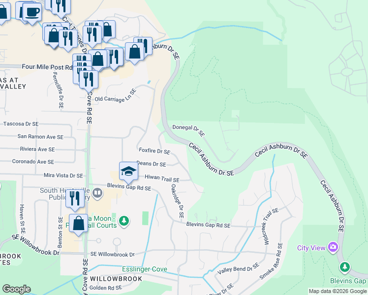 map of restaurants, bars, coffee shops, grocery stores, and more near 7200 Avalon Drive in Huntsville