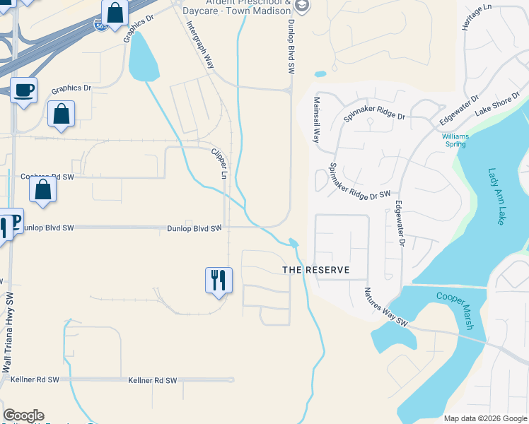 map of restaurants, bars, coffee shops, grocery stores, and more near 27 Dunlop Boulevard Southwest in Huntsville
