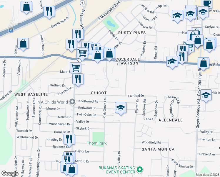 map of restaurants, bars, coffee shops, grocery stores, and more near 2 Conifer Place in Little Rock
