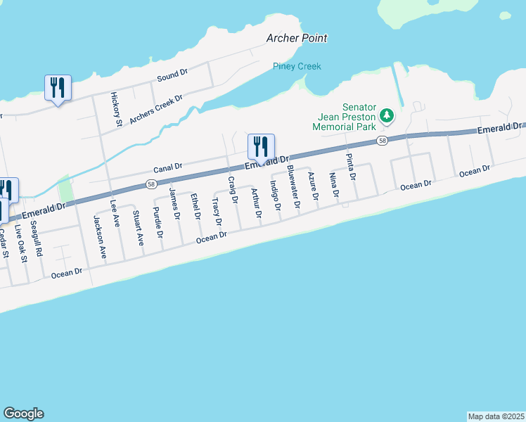 map of restaurants, bars, coffee shops, grocery stores, and more near 104 Arthur Drive in Emerald Isle