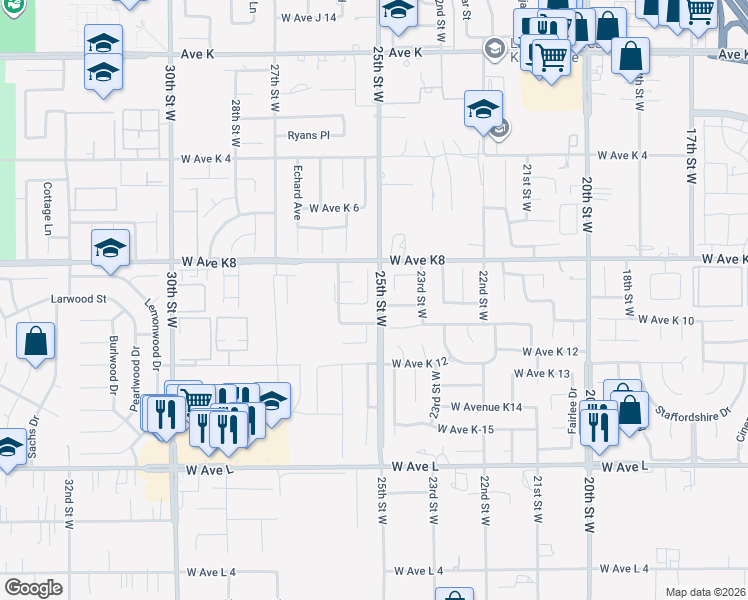 map of restaurants, bars, coffee shops, grocery stores, and more near 43135 Golden Lane in Lancaster
