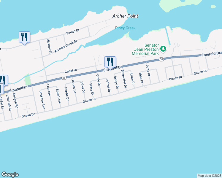 map of restaurants, bars, coffee shops, grocery stores, and more near 104 Arthur Drive in Emerald Isle