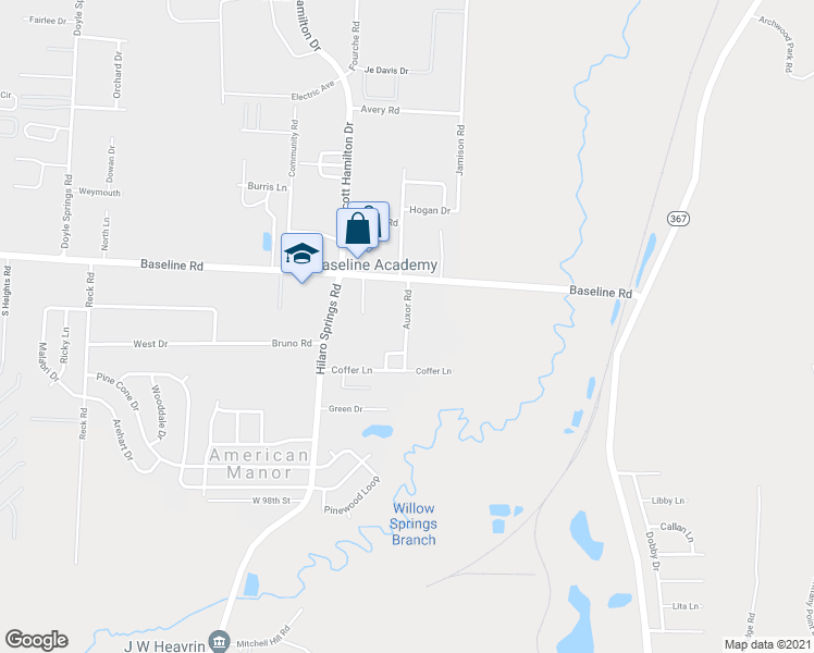 map of restaurants, bars, coffee shops, grocery stores, and more near 9079 Auxor Road in Little Rock