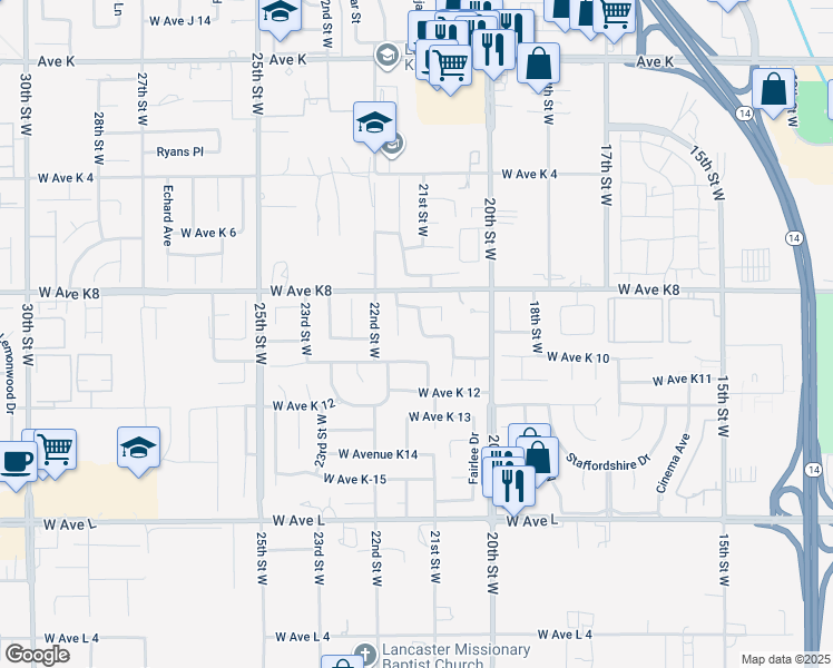 map of restaurants, bars, coffee shops, grocery stores, and more near 43103 21st Street West in Lancaster
