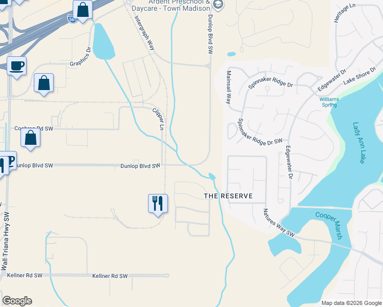 map of restaurants, bars, coffee shops, grocery stores, and more near 27 Dunlop Boulevard Southwest in Huntsville