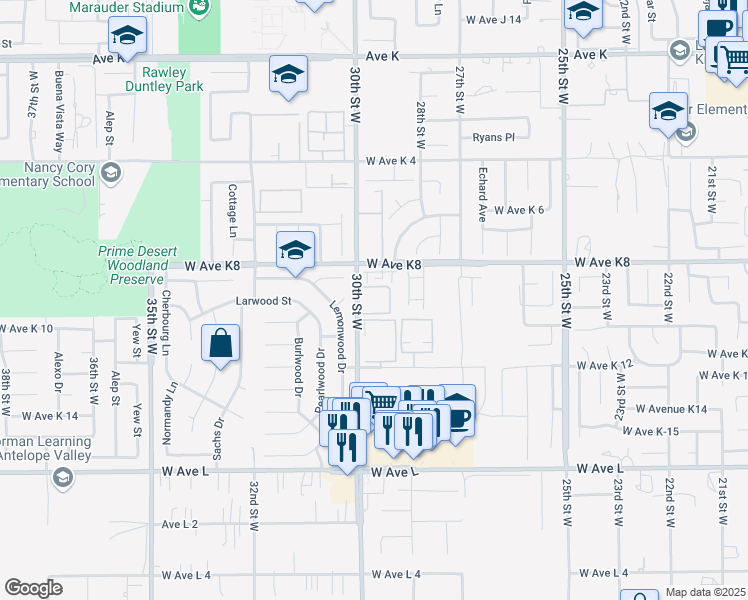 map of restaurants, bars, coffee shops, grocery stores, and more near 43114 30th Street West in Lancaster