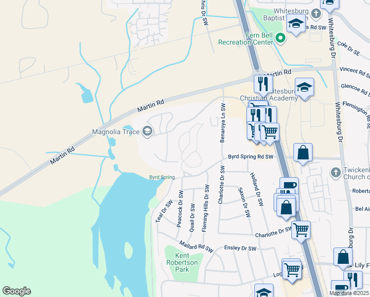 map of restaurants, bars, coffee shops, grocery stores, and more near 2138 Greenwood Place Southwest in Huntsville