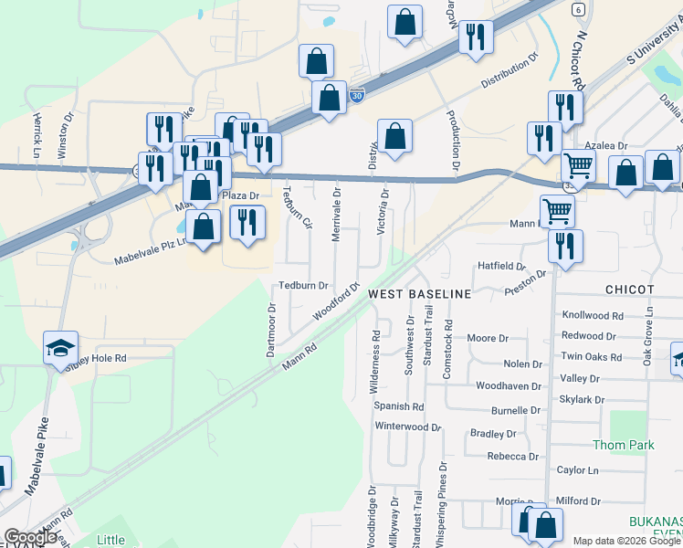 map of restaurants, bars, coffee shops, grocery stores, and more near 9209 Merrivale Drive in Little Rock