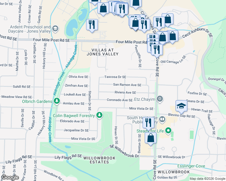 map of restaurants, bars, coffee shops, grocery stores, and more near 911 Riviera Avenue Southeast in Huntsville