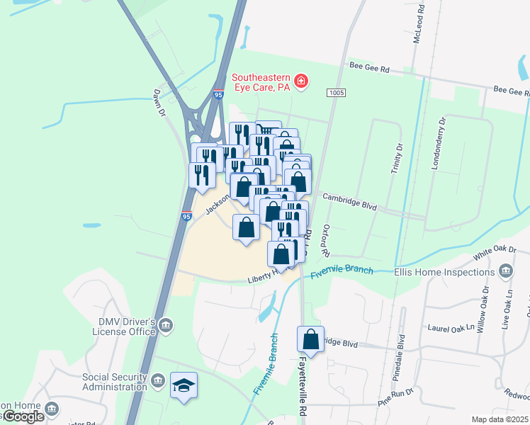 map of restaurants, bars, coffee shops, grocery stores, and more near 5075 Fayetteville Road in Lumberton