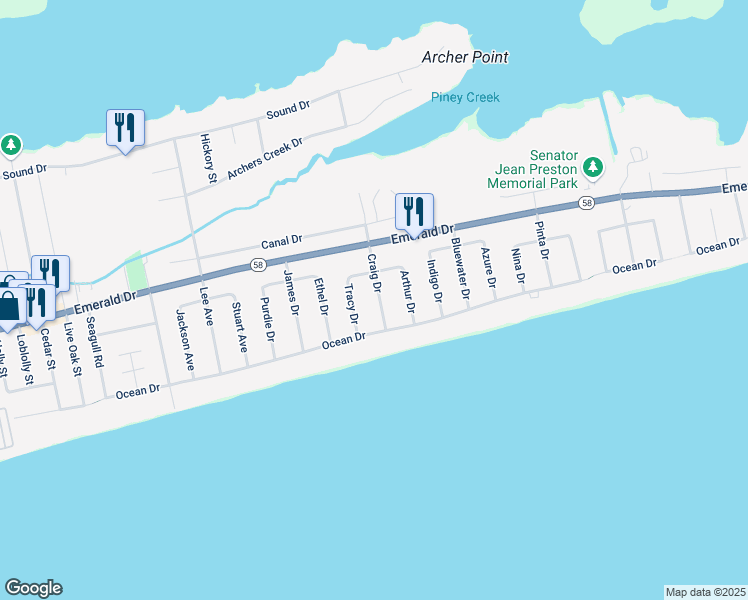 map of restaurants, bars, coffee shops, grocery stores, and more near 109 Craig Drive in Emerald Isle