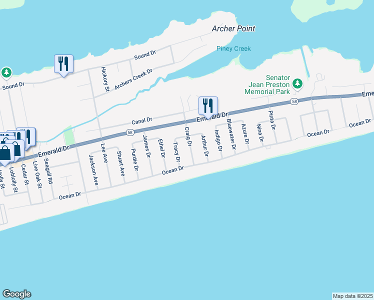 map of restaurants, bars, coffee shops, grocery stores, and more near 109 Craig Drive in Emerald Isle