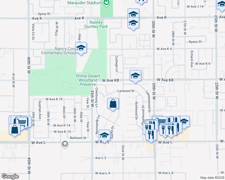 map of restaurants, bars, coffee shops, grocery stores, and more near 3241 Larwood Street in Lancaster