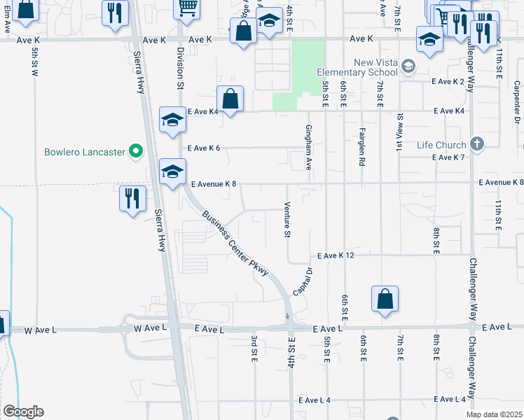map of restaurants, bars, coffee shops, grocery stores, and more near East Avenue K10 in Lancaster