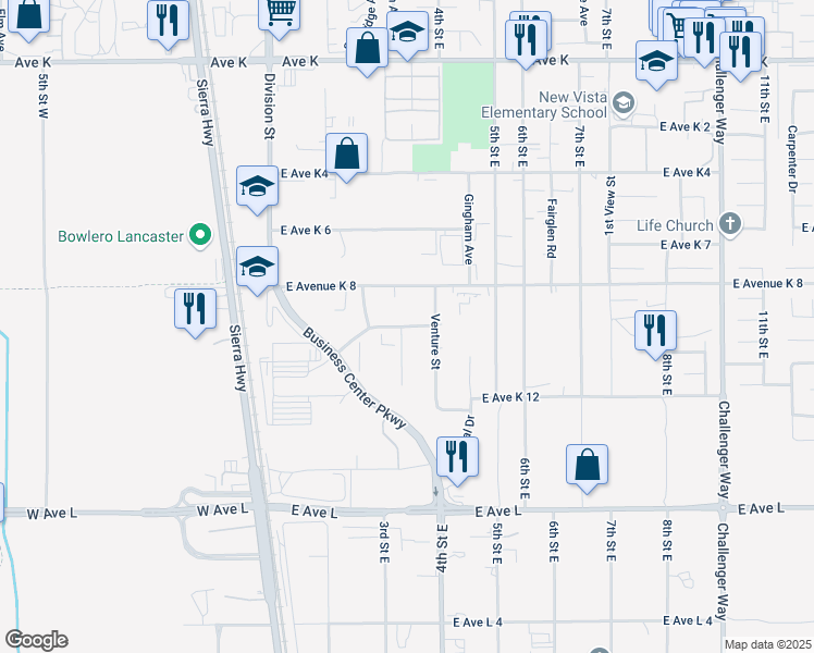 map of restaurants, bars, coffee shops, grocery stores, and more near East Avenue K10 in Lancaster