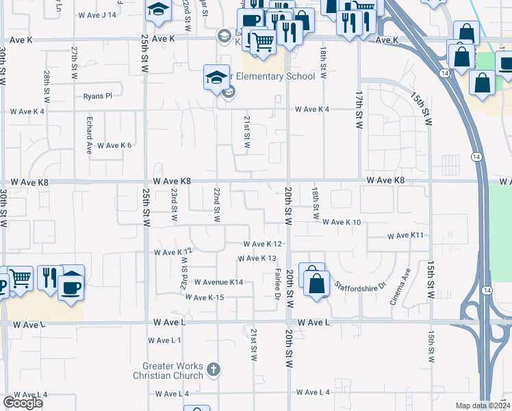 map of restaurants, bars, coffee shops, grocery stores, and more near 2117 West Avenue K9 in Lancaster