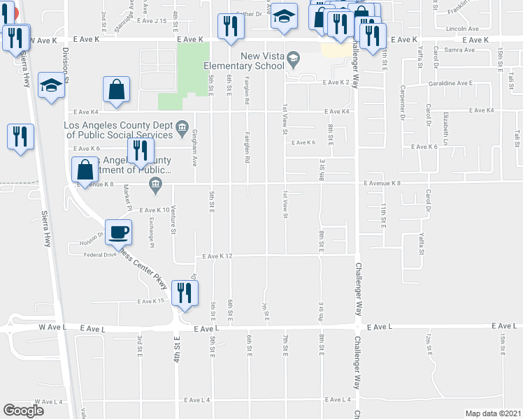 map of restaurants, bars, coffee shops, grocery stores, and more near 43119 7th Street East in Lancaster