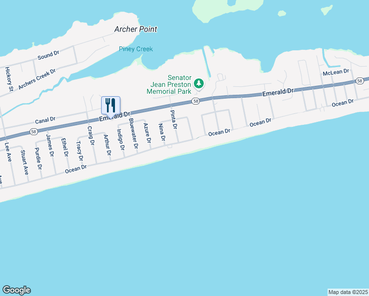 map of restaurants, bars, coffee shops, grocery stores, and more near 6823 Ocean Drive in Emerald Isle
