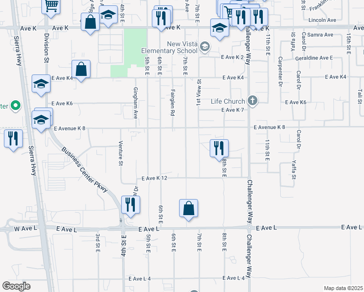 map of restaurants, bars, coffee shops, grocery stores, and more near 43120 7th Street East in Lancaster