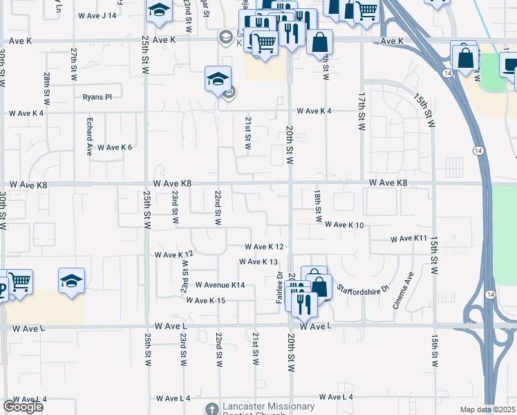 map of restaurants, bars, coffee shops, grocery stores, and more near 2117 West Avenue K9 in Lancaster