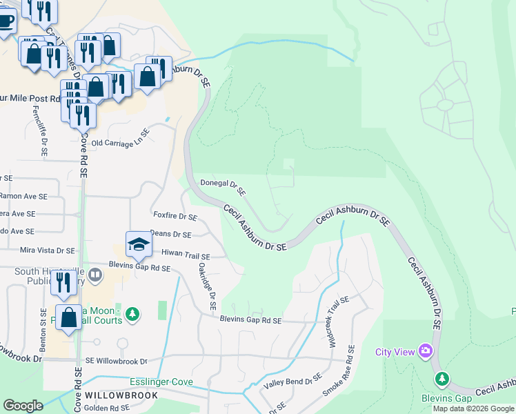 map of restaurants, bars, coffee shops, grocery stores, and more near 7728 Donegal Drive Southeast in Huntsville