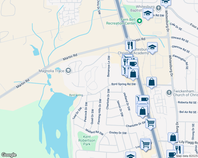 map of restaurants, bars, coffee shops, grocery stores, and more near 7720 Benaroya Lane Southwest in Huntsville