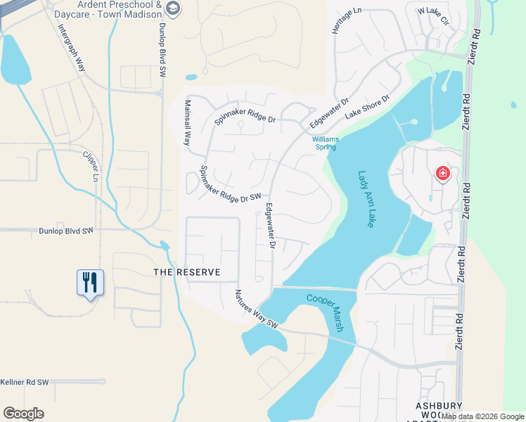 map of restaurants, bars, coffee shops, grocery stores, and more near 126 Lake Pointe Circle Southwest in Huntsville