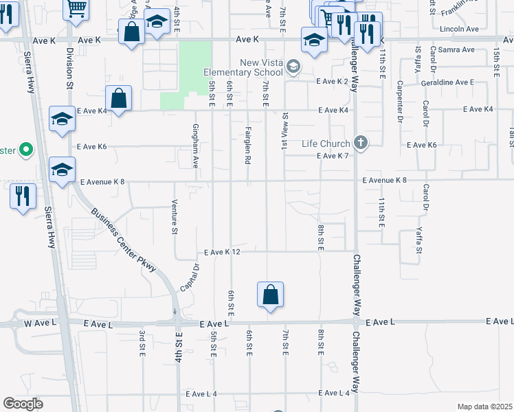 map of restaurants, bars, coffee shops, grocery stores, and more near 43119 7th Street East in Lancaster