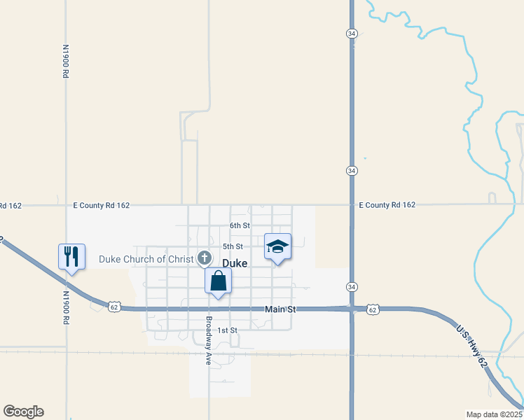 map of restaurants, bars, coffee shops, grocery stores, and more near 19070 East County Road 162 in Duke