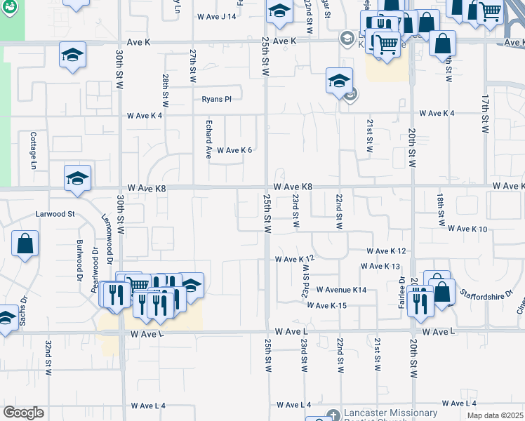 map of restaurants, bars, coffee shops, grocery stores, and more near 43114 Fenner Avenue in Lancaster