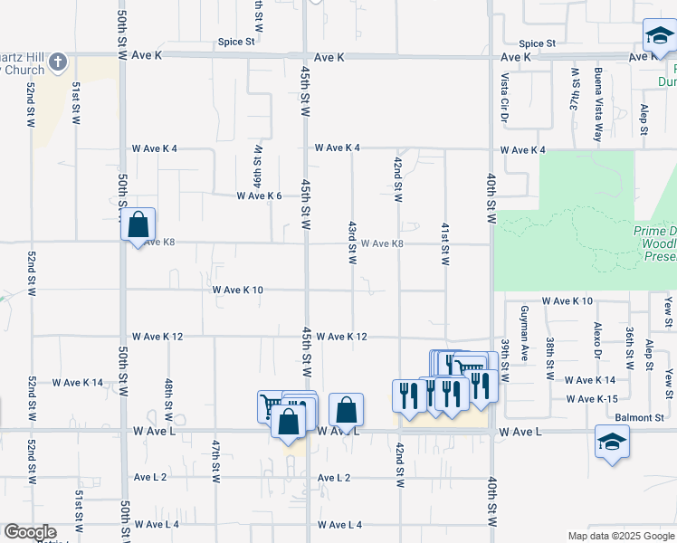 map of restaurants, bars, coffee shops, grocery stores, and more near 43127 43rd Street West in Quartz Hill