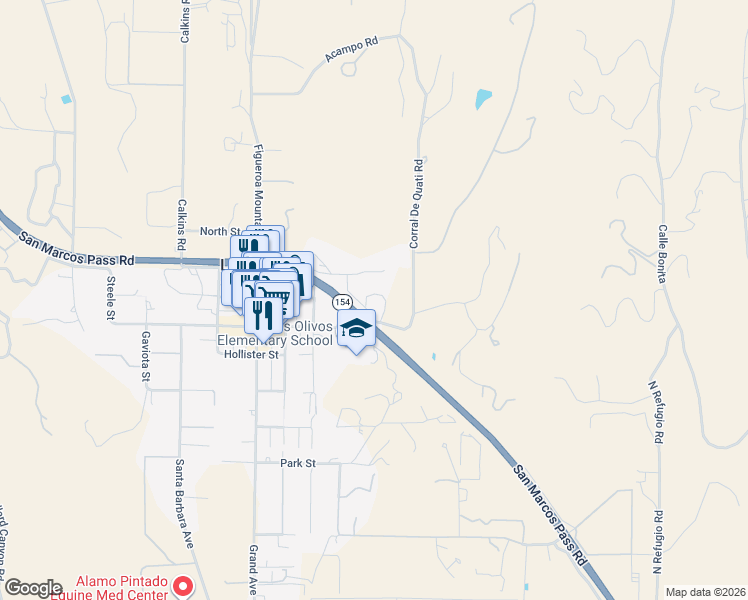 map of restaurants, bars, coffee shops, grocery stores, and more near 2910 California 154 in Los Olivos