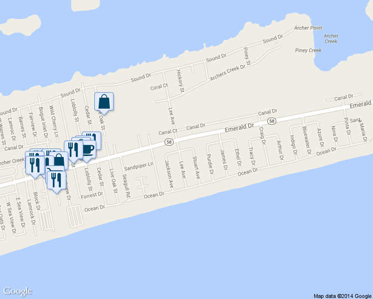 map of restaurants, bars, coffee shops, grocery stores, and more near 114 Stuart Ave in Emerald Isle