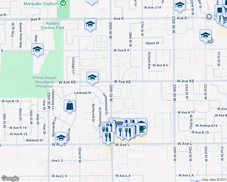 map of restaurants, bars, coffee shops, grocery stores, and more near 43114 30th Street West in Lancaster