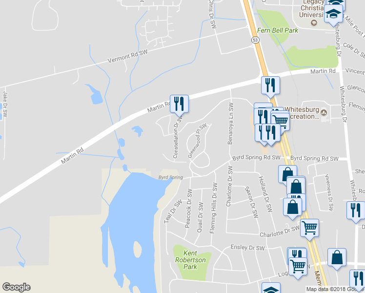 map of restaurants, bars, coffee shops, grocery stores, and more near 2032 Woodlawn Drive Southwest in Huntsville