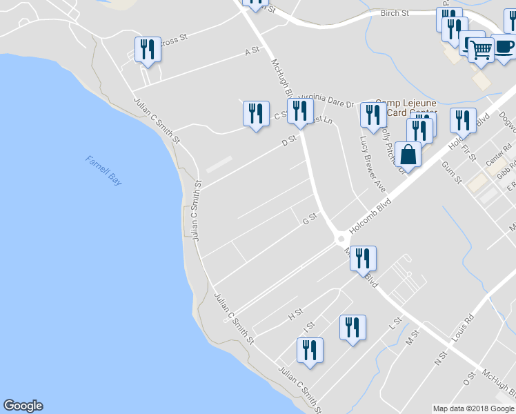 map of restaurants, bars, coffee shops, grocery stores, and more near E Street in Camp Lejeune