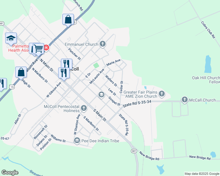 map of restaurants, bars, coffee shops, grocery stores, and more near 112 Lee Street in McColl