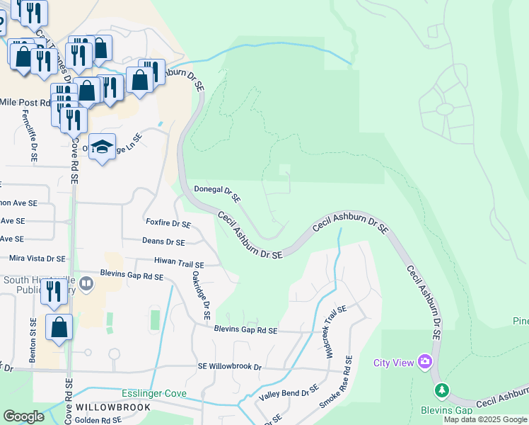 map of restaurants, bars, coffee shops, grocery stores, and more near 7860 Walsingham Road Southeast in Huntsville