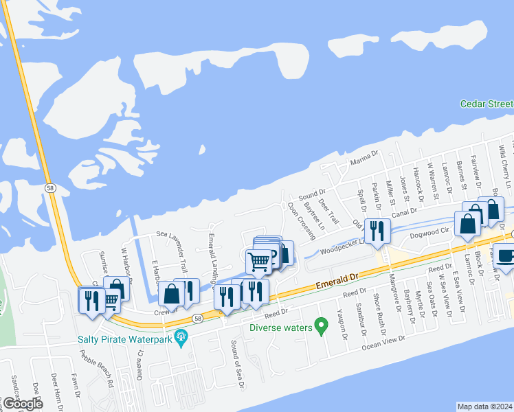 map of restaurants, bars, coffee shops, grocery stores, and more near 8720 Emerald Plantation Road in Emerald Isle