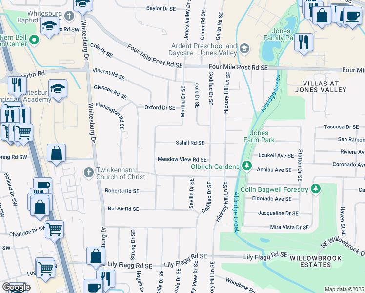 map of restaurants, bars, coffee shops, grocery stores, and more near 511 Suhill Road Southeast in Huntsville