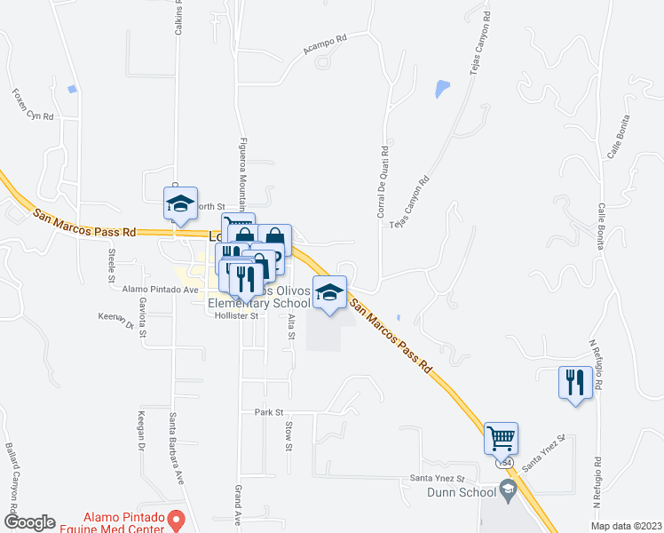 map of restaurants, bars, coffee shops, grocery stores, and more near 2552 Railway Avenue in Los Olivos