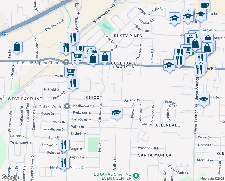map of restaurants, bars, coffee shops, grocery stores, and more near 7008 Eddy Lane in Little Rock